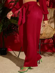 Travachic 纯色抽绳腰阔腿红色夏季女士沙滩裤 - 紅色 - 查看 4