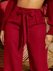 Travachic 纯色抽绳腰阔腿红色夏季女士沙滩裤 - 紅色 - 查看 5