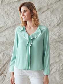 MOTF PREMIUM 撞色滾邊荷葉邊上衣 - 薄荷綠 - 查看 5
