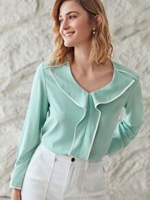 MOTF PREMIUM 撞色滾邊荷葉邊上衣 - 薄荷綠 - 查看 6