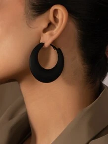 極簡風格圓耳環 - 黑色 - 查看 1