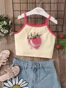 SHEIN Niñas Top de tirantes con estampado de fresa unido en contraste - Amarillo - Ver 1