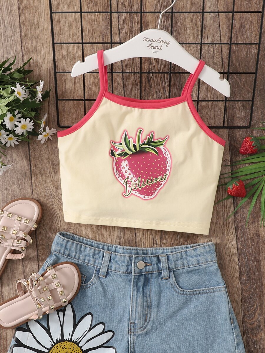 SHEIN Niñas Top de tirantes con estampado de fresa unido en contraste - Amarillo - Ver 1