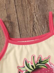 SHEIN Niñas Top de tirantes con estampado de fresa unido en contraste - Amarillo - Ver 4