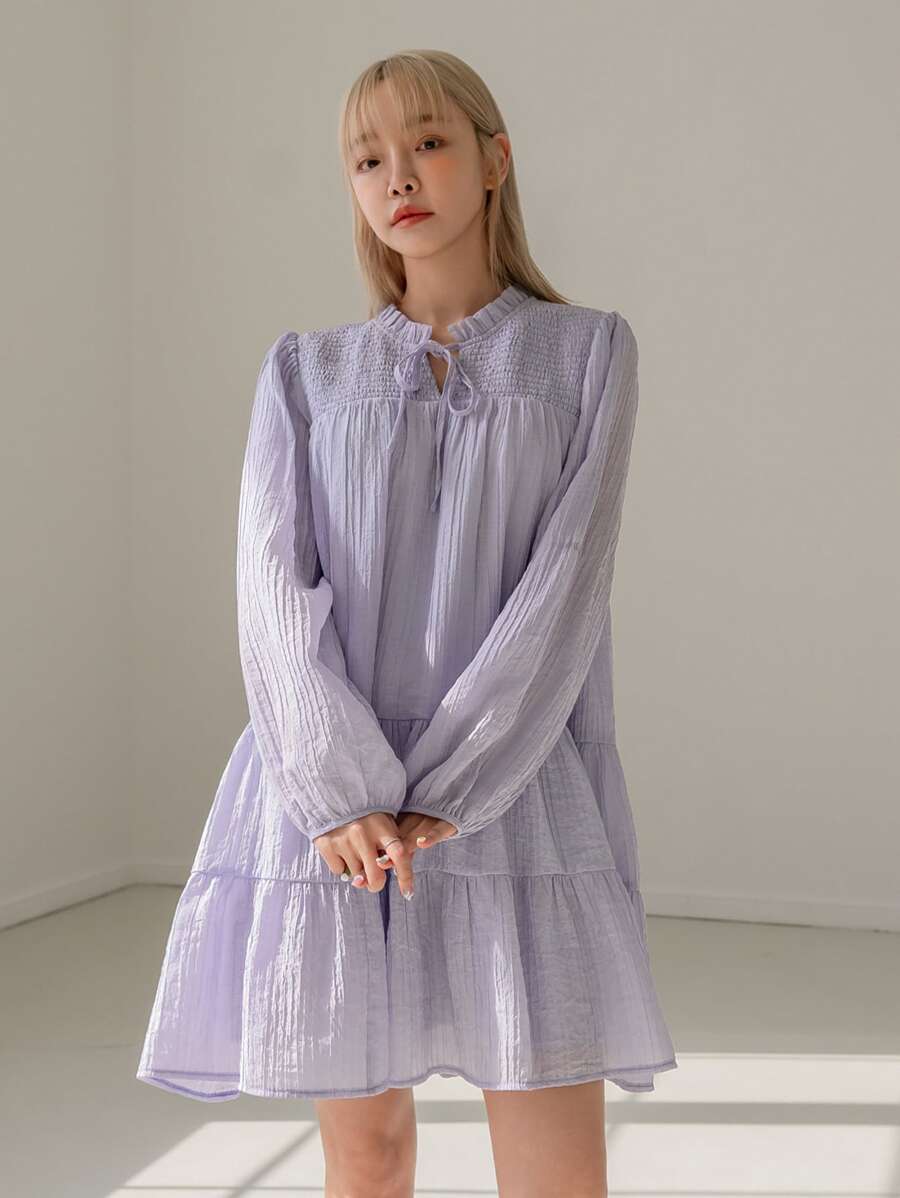 DAZY Frill Neck Tie Front Ruffle Hem Smock Dress - Lilac Purple - View 1