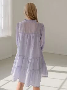 DAZY Frill Neck Tie Front Ruffle Hem Smock Dress - Lilac Purple - View 2