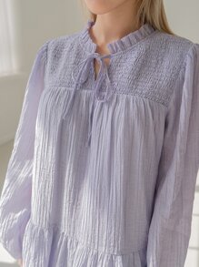 DAZY Frill Neck Tie Front Ruffle Hem Smock Dress - Lilac Purple - View 3