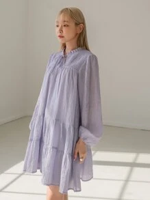 DAZY Frill Neck Tie Front Ruffle Hem Smock Dress - Lilac Purple - View 4