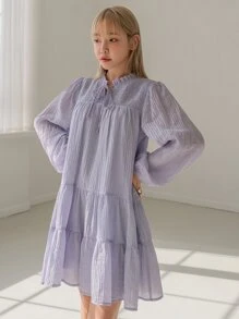 DAZY Frill Neck Tie Front Ruffle Hem Smock Dress - Lilac Purple - View 5