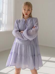 DAZY Frill Neck Tie Front Ruffle Hem Smock Dress - Lilac Purple - View 6