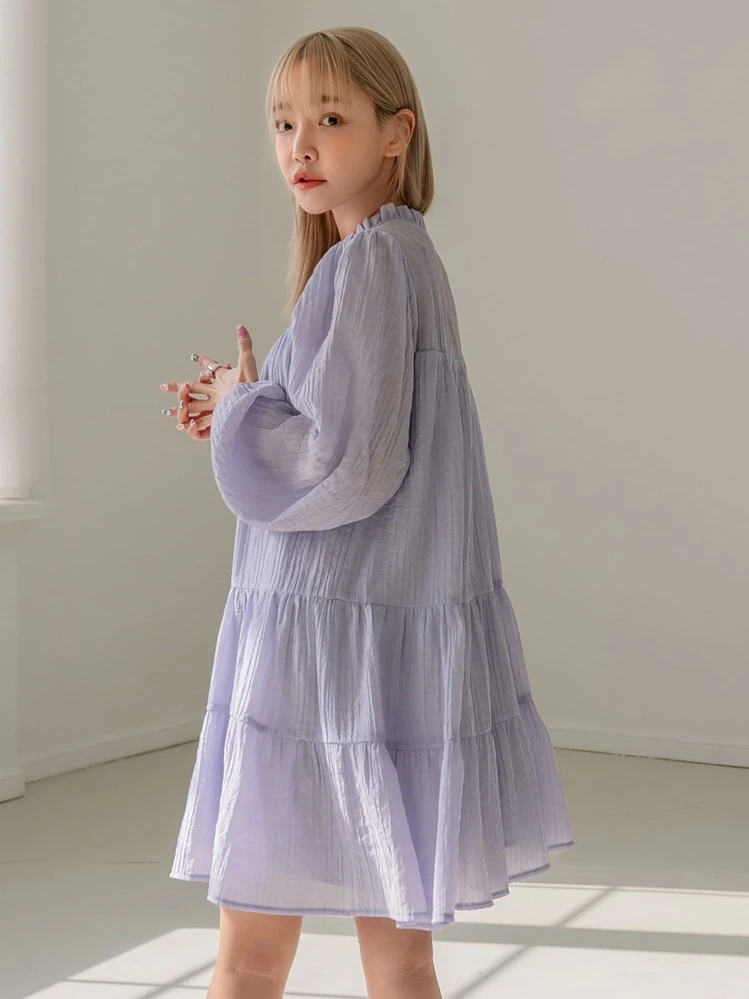 DAZY Frill Neck Tie Front Ruffle Hem Smock Dress - Lilac Purple - View 7