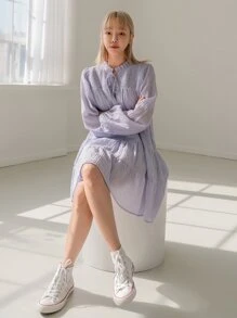 DAZY Frill Neck Tie Front Ruffle Hem Smock Dress - Lilac Purple - View 8