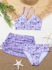 SHEIN Tween Girl 3 件装心形图案交叉比基尼套装和沙滩裙夏季海滩