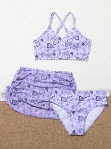 SHEIN Tween Girl 3 件装心形图案交叉比基尼套装和沙滩裙夏季海滩
