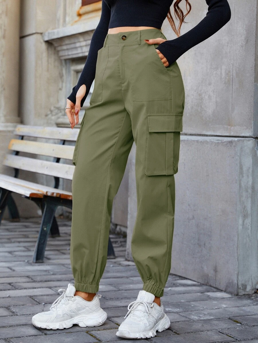 SHEIN EZwear 斜口袋工裝褲 - 軍綠色 - 查看 1
