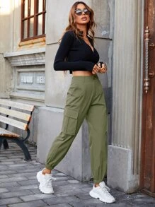 SHEIN EZwear 斜口袋工裝褲 - 軍綠色 - 查看 3