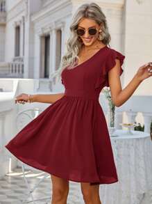 SHEIN Unity Guipure Lace Insert Tie Back Butterfly Sleeve Dress - Burgundy - View 2
