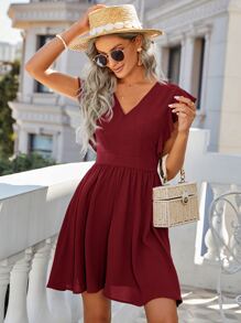 SHEIN Unity Guipure Lace Insert Tie Back Butterfly Sleeve Dress - Burgundy - View 4