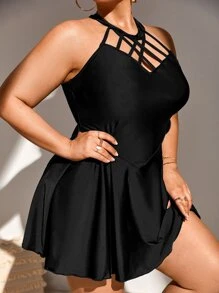 SHEIN Swim Curve Bikini Ba Lỗ kích thước lớn Hội Chữ thập Cắt ra màu trơn Thanh lịch - màu đen - Xem 4