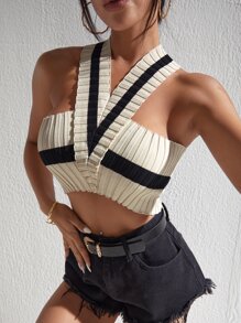 SHEIN Privé 撞色後背十字交叉吊脖針織上衣 - 彩色 - 查看 6
