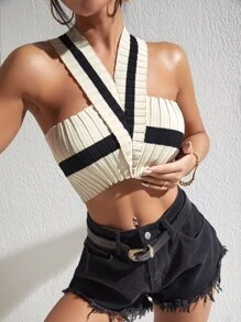 SHEIN Privé 撞色後背十字交叉吊脖針織上衣 - 彩色 - 查看 2