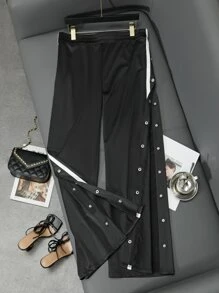 Plus Side Striped Snap Button Pants - Black - View 1