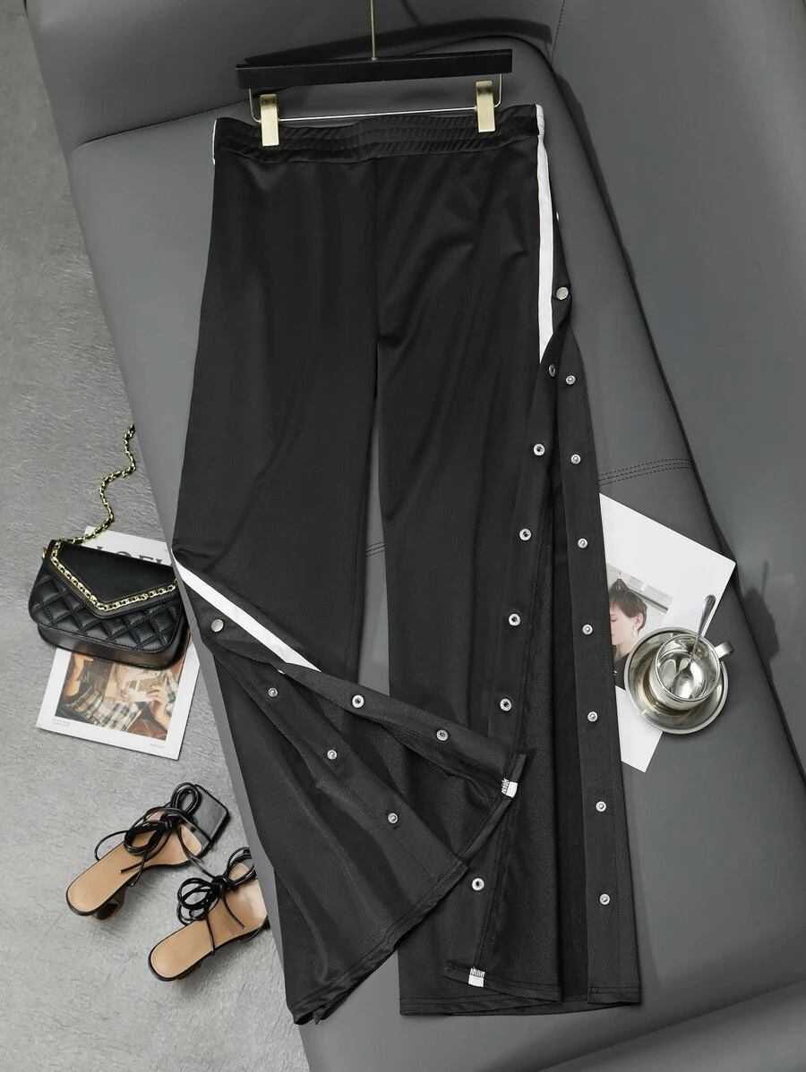 Plus Side Striped Snap Button Pants - Black - View 1