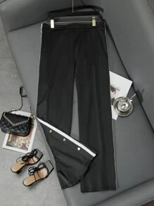Plus Side Striped Snap Button Pants - Black - View 6