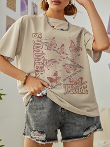 SHEIN EZwear Áo thun nữ Slogan Loại bướm Giải trí - Màu Khaki - Xem 1
