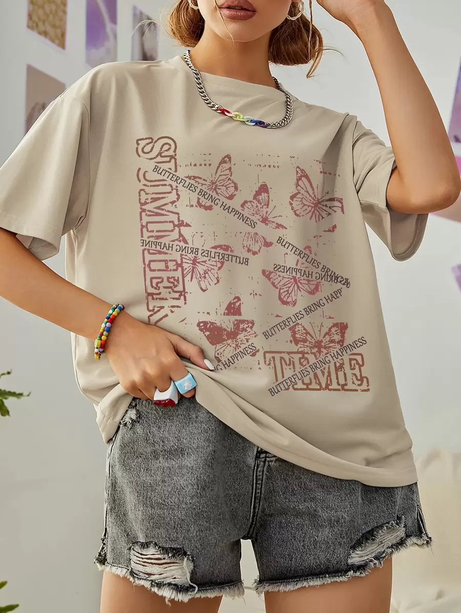 SHEIN EZwear Áo thun nữ Slogan Loại bướm Giải trí - Màu Khaki - Xem 1