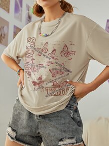SHEIN EZwear Áo thun nữ Slogan Loại bướm Giải trí - Màu Khaki - Xem 5