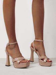Women Platform Pyramid Heeled Sandals, Elegant Open Toe Ankle Strap Sandals - Apricot - View 2