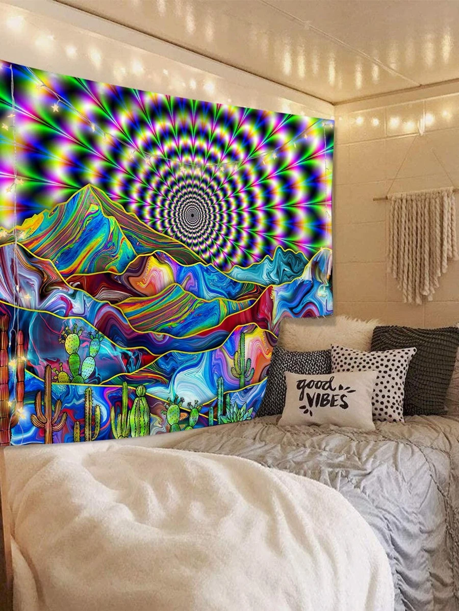 山与仙人掌印花挂毯、房间旗帜、房间装饰、挂毯、墙壁装饰、墙壁艺术、房间用品、房间旗帜、家居装饰、挂毯 - 彩色 - 查看 1