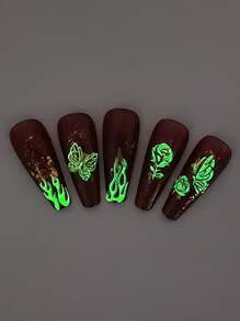2sheets Fire & Butterfly Print Luminous Nail Art Sticker Y2K-Style Nail Art Decals Nail Stickers DIY