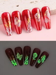 2sheets Fire & Butterfly Print Luminous Nail Art Sticker Y2K-Style Nail Art Decals Nail Stickers DIY