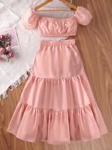 SHEIN 女孩一字肩泡泡袖上衣和荷葉邊半身裙 - 藕粉色 - 查看 2