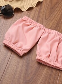 SHEIN 女孩一字肩泡泡袖上衣和荷葉邊半身裙 - 藕粉色 - 查看 5