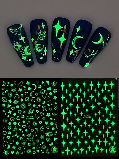 2sheets Star & Moon Print Luminous Nail Art Sticker Y2K-Style Nail Art Decals Nail Stickers DIY