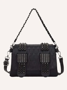 防水、輕盈、商務休閒、可折疊釘細節圖形方形包適合青少年女大學生、菜鳥和白領，非常適合辦公室、大學、工作、商務、通勤 - 黑色 - 查看 1