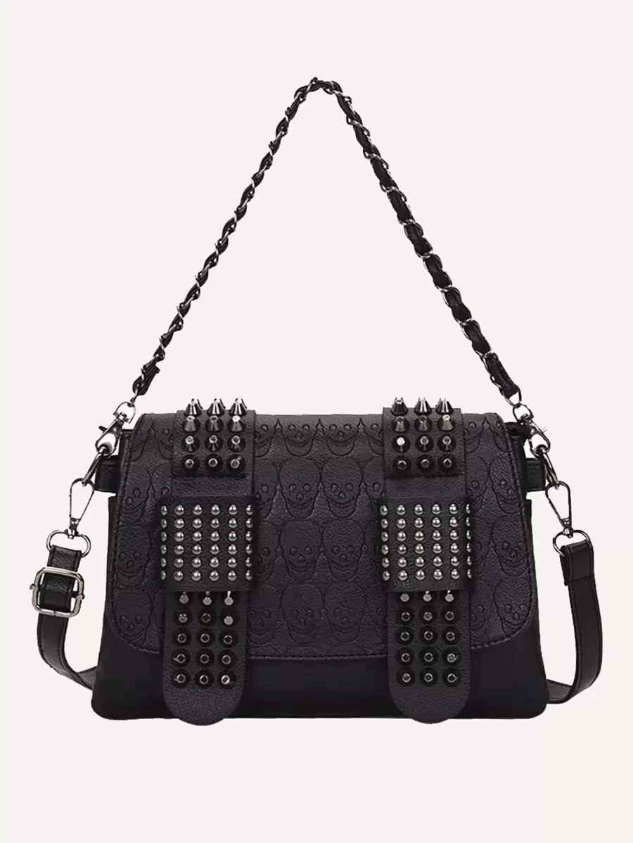 防水、輕盈、商務休閒、可折疊釘細節圖形方形包適合青少年女大學生、菜鳥和白領，非常適合辦公室、大學、工作、商務、通勤 - 黑色 - 查看 1