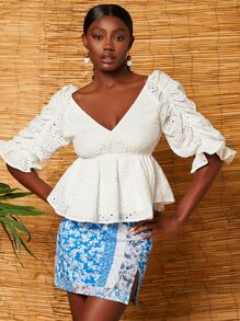 SHEIN VCAY 抽褶袖網眼刺繡花邊下擺上衣 - 白色 - 查看 6
