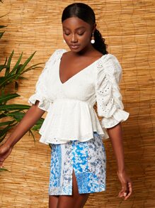 SHEIN VCAY 抽褶袖網眼刺繡花邊下擺上衣 - 白色 - 查看 5