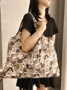 Allover Cartoon Cat Graphic Shopper Bag,Pattern Shopper Bag, Lightweight Shoulder Bag, Foldable Organizer - Multicolor - Ver 1