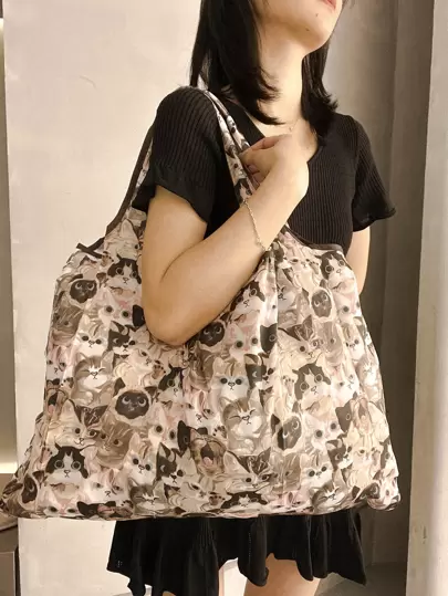 通體卡通貓圖案購物袋，圖案購物袋，輕便單肩包，可折疊收納袋