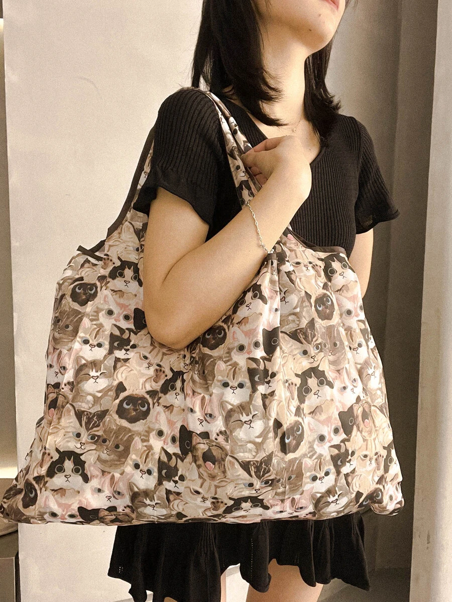 Allover Cartoon Cat Graphic Shopper Bag,Pattern Shopper Bag, Lightweight Shoulder Bag, Foldable Organizer - Multicolor - Ver 1