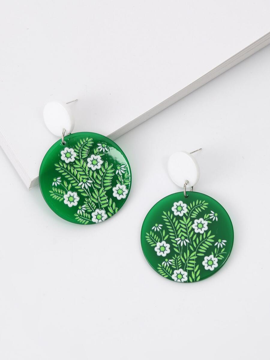 Bông tai hình tròn in hoa - Nhiều màu - Xem 1