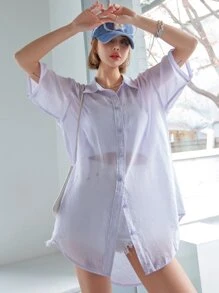 DAZY Solid Drop Shoulder Sheer Blouse