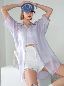 DAZY Solid Drop Shoulder Sheer Blouse