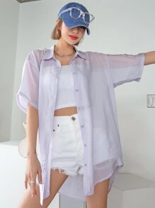 DAZY Solid Drop Shoulder Sheer Blouse