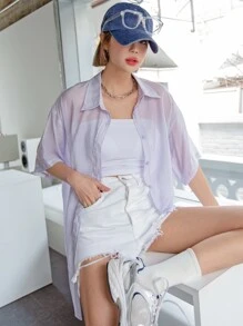 DAZY Solid Drop Shoulder Sheer Blouse